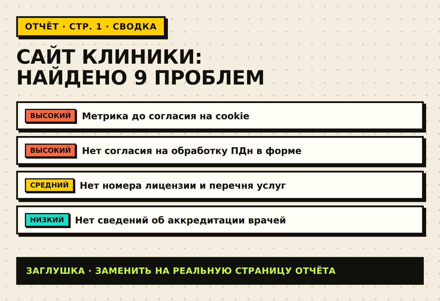 Страница отчёта: сводка найденных проблем с уровнями риска