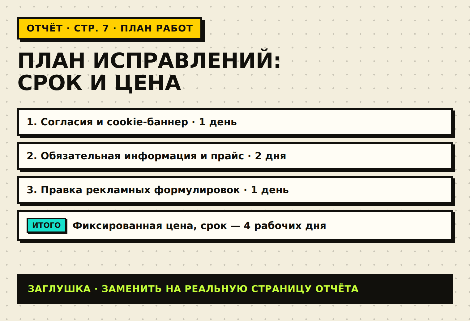 Страница отчёта: план исправлений со сроками и ценой